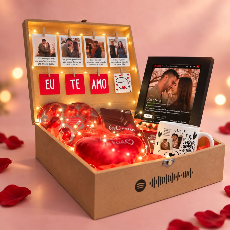 Cesta Romântica Personalizada com Quadro, Fotos Polaroid, Caneca e Chocolates | Chocolove