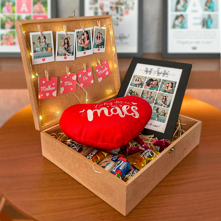 Cesta de Dia das Mães Personalizada com Quadro, Fotos Polaroid Ímã e Bombons