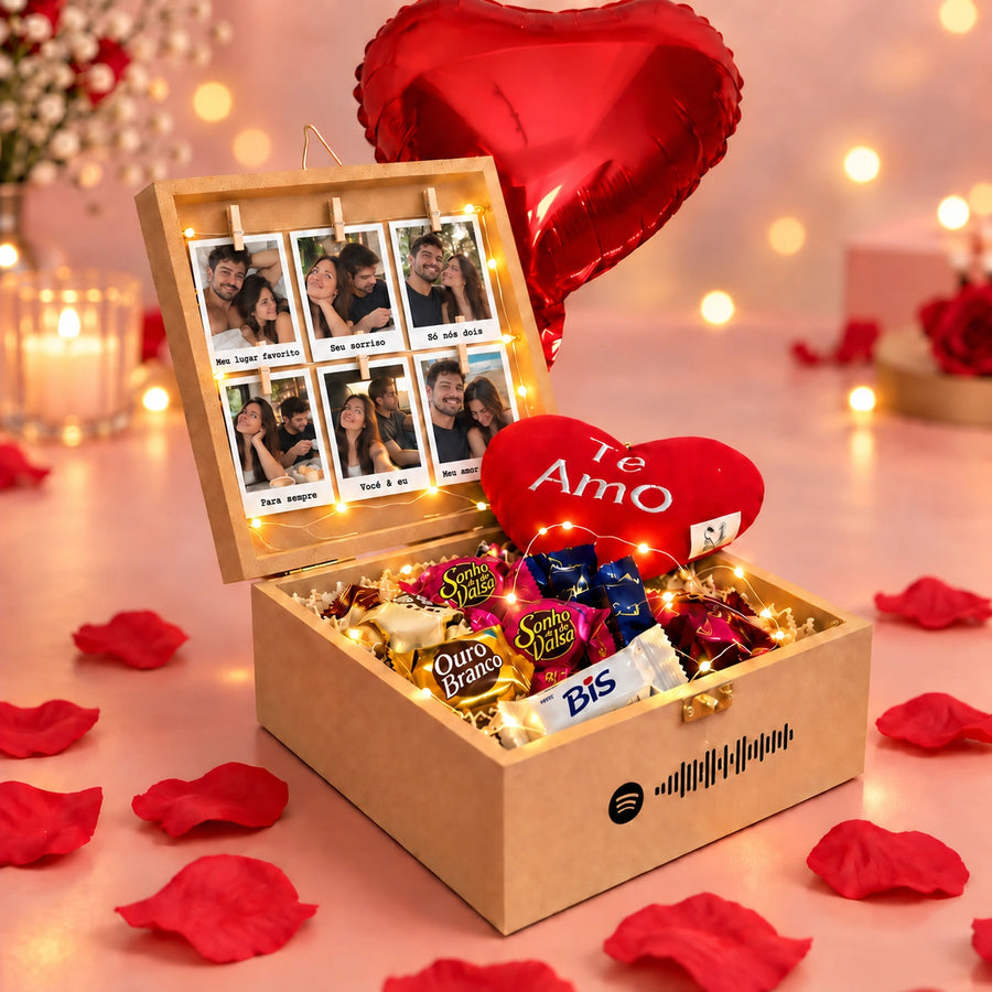 Mini Cesta Romântica Personalizada com Fotos Polaroid e Chocolates | Fascínio