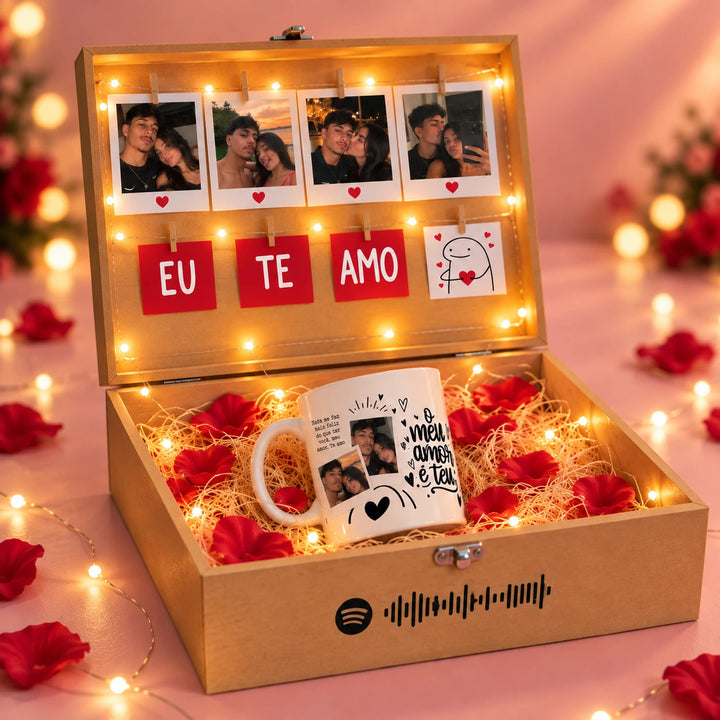 Box com Fotos Polaroid Personalizadas, Caneca e Luz de LED